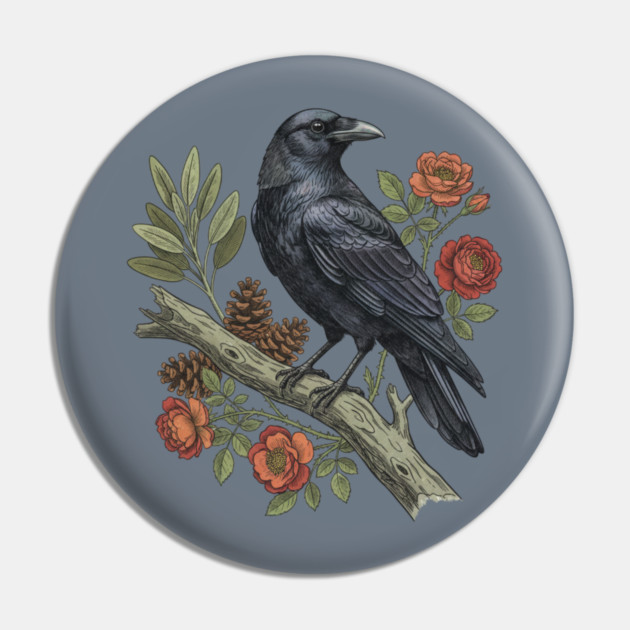 Majestic Gothic Raven Perched On Branch Bird Art Pin by BirdsnStuff