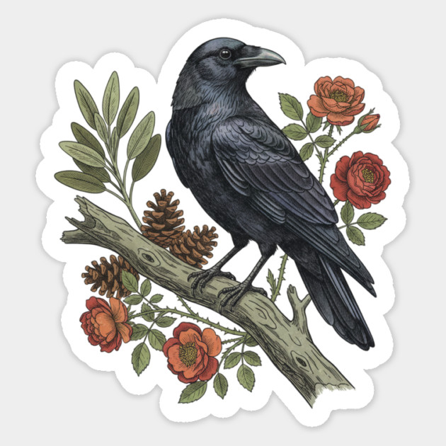 Majestic Gothic Raven Perched On Branch Bird Art Magnet by BirdsnStuff