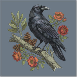 Majestic Gothic Raven Perched On Branch Bird Art Posters and Art