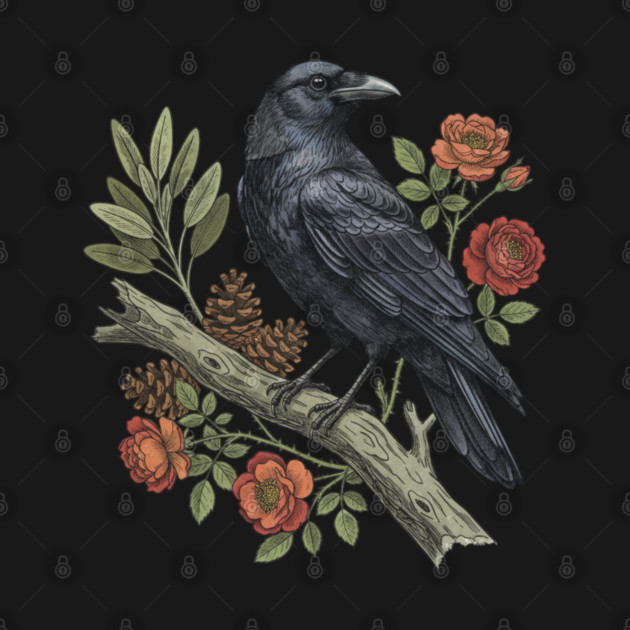 Majestic Gothic Raven Perched On Branch Bird Art by BirdsnStuff