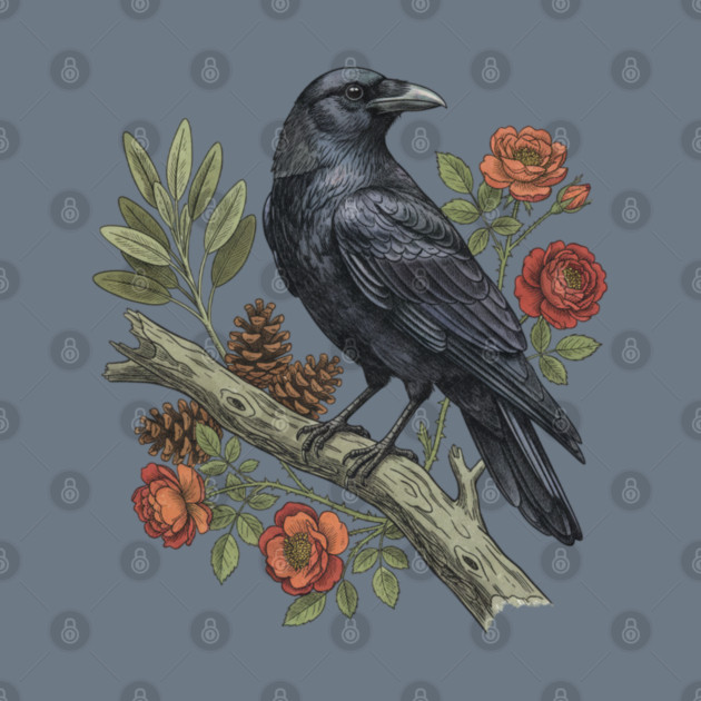 Majestic Gothic Raven Perched On Branch Bird Art by BirdsnStuff