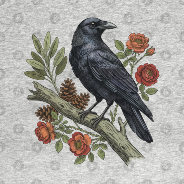 Majestic Gothic Raven Perched On Branch Bird Art by BirdsnStuff