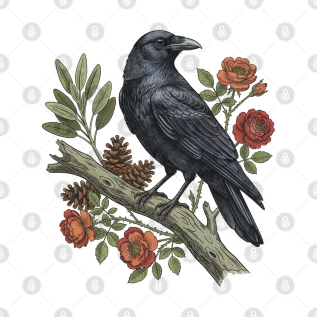 Majestic Gothic Raven Perched On Branch Bird Art by BirdsnStuff