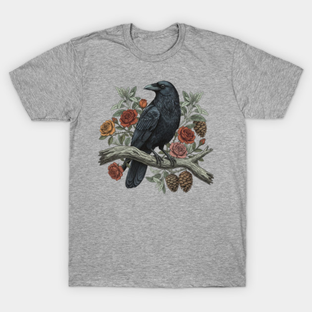Raven Perched Among Roses And Pines T-Shirt by BirdsnStuff