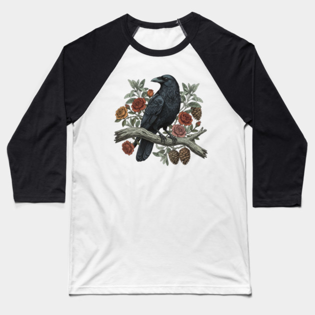 Raven Perched Among Roses And Pines Baseball T-Shirt by BirdsnStuff