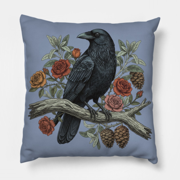 Raven Perched Among Roses And Pines Pillow by BirdsnStuff
