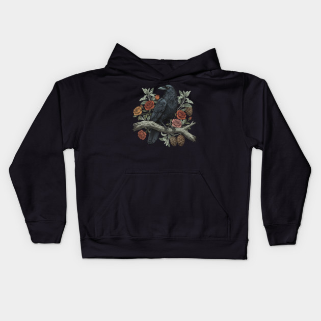 Raven Perched Among Roses And Pines Kids Hoodie by BirdsnStuff