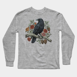 Raven Perched Among Roses And Pines Long Sleeve T-Shirt