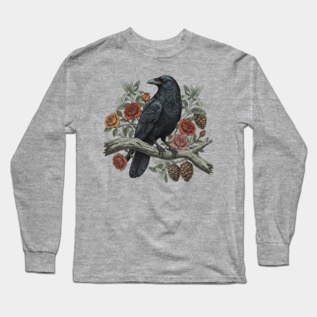 Raven Perched Among Roses And Pines Long Sleeve T-Shirt by BirdsnStuff