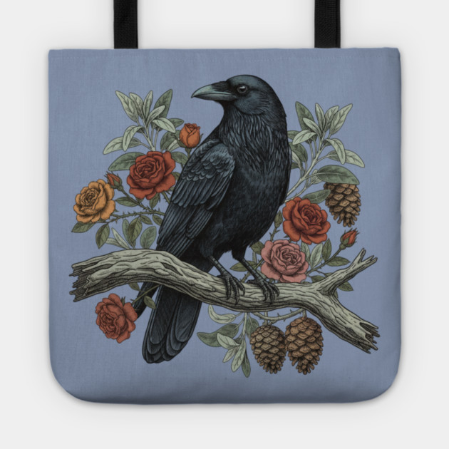 Raven Perched Among Roses And Pines Tote by BirdsnStuff