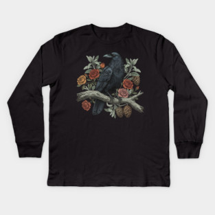 Raven Perched Among Roses And Pines Kids Long Sleeve T-Shirt