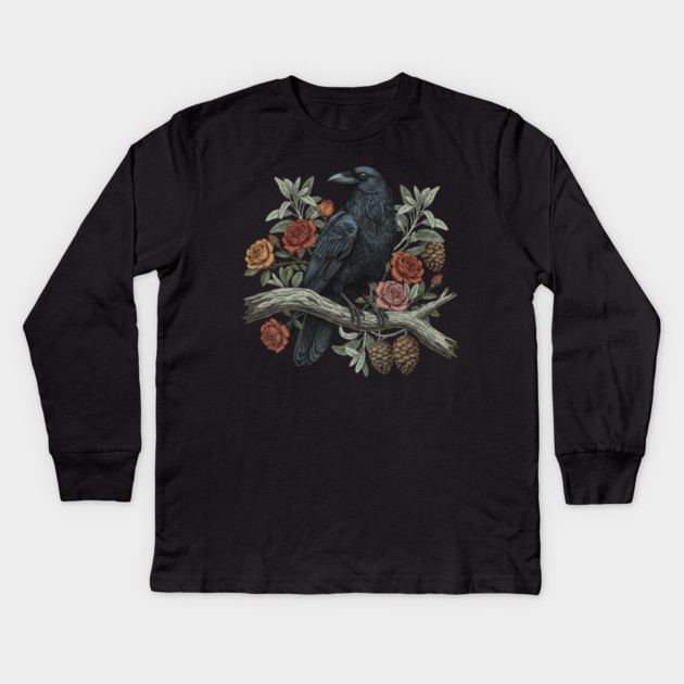 Raven Perched Among Roses And Pines Kids Long Sleeve T-Shirt by BirdsnStuff