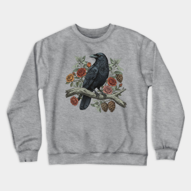 Raven Perched Among Roses And Pines Crewneck Sweatshirt by BirdsnStuff
