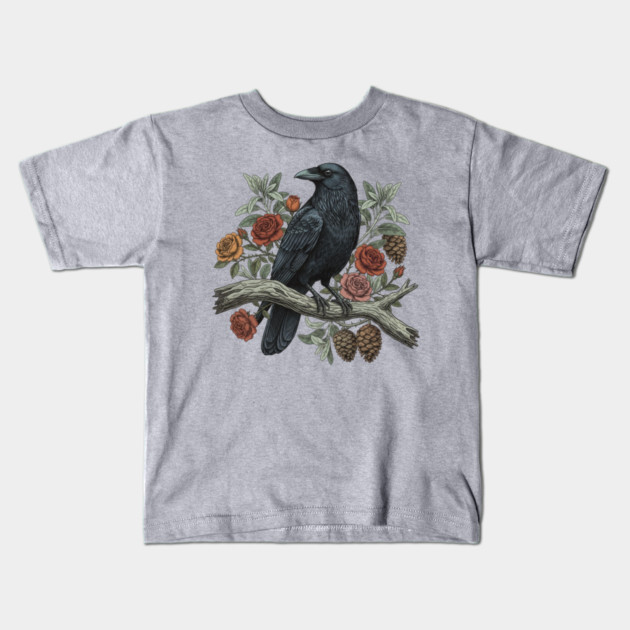 Raven Perched Among Roses And Pines Kids T-Shirt by BirdsnStuff