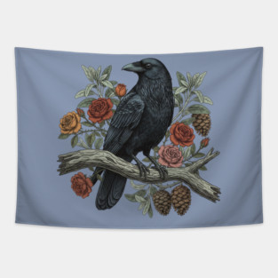 Raven Perched Among Roses And Pines Tapestry