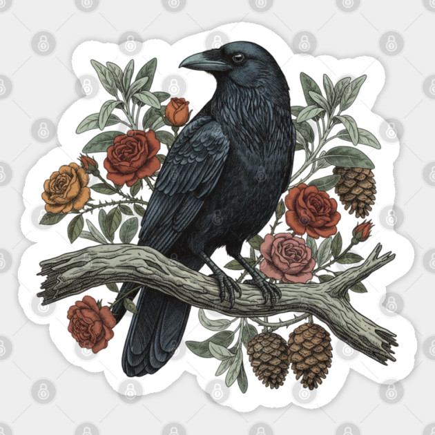 Raven Perched Among Roses And Pines Sticker by BirdsnStuff