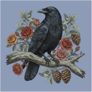 Raven Perched Among Roses And Pines Posters and Art