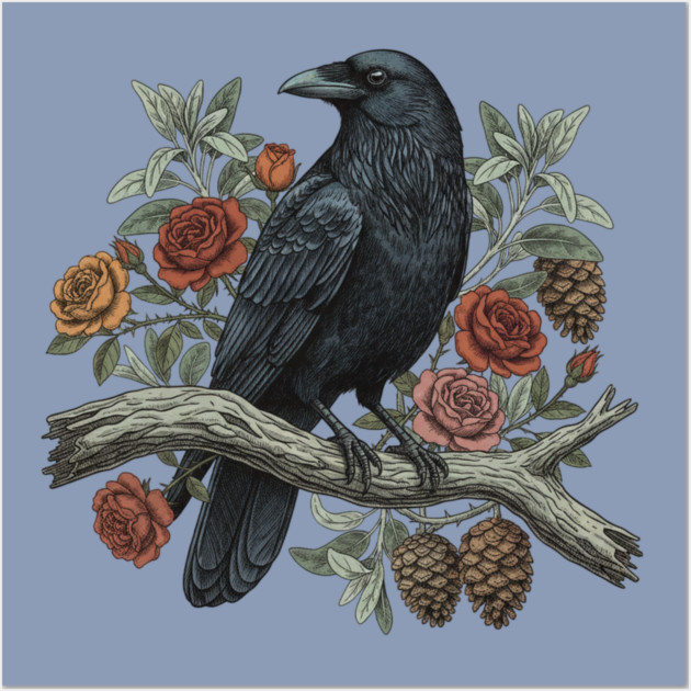 Raven Perched Among Roses And Pines Wall Art by BirdsnStuff