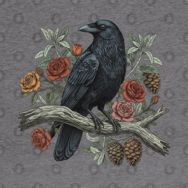 Raven Perched Among Roses And Pines by BirdsnStuff