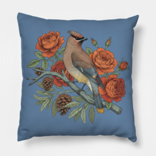 Cedar Waxwing On Rose Branch Bird Lovers Design Pillow