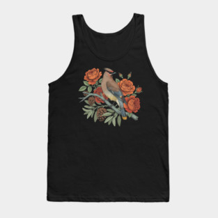 Cedar Waxwing On Rose Branch Bird Lovers Design Tank Top