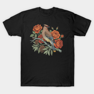 Cedar Waxwing On Rose Branch Bird Lovers Design T-Shirt