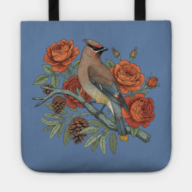 Cedar Waxwing On Rose Branch Bird Lovers Design Tote by BirdsnStuff