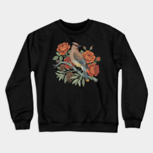 Cedar Waxwing On Rose Branch Bird Lovers Design Crewneck Sweatshirt
