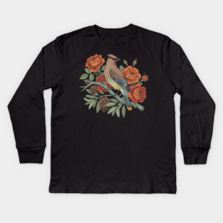 Cedar Waxwing On Rose Branch Bird Lovers Design Kids Long Sleeve T-Shirt