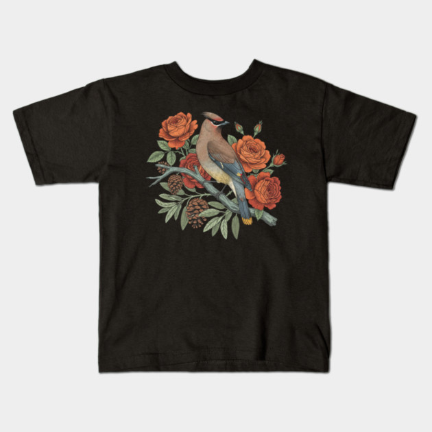 Cedar Waxwing On Rose Branch Bird Lovers Design Kids T-Shirt by BirdsnStuff