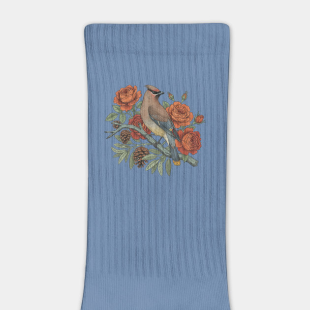 Cedar Waxwing On Rose Branch Bird Lovers Design by BirdsnStuff