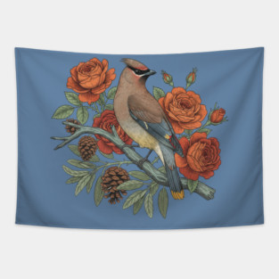Cedar Waxwing On Rose Branch Bird Lovers Design Tapestry