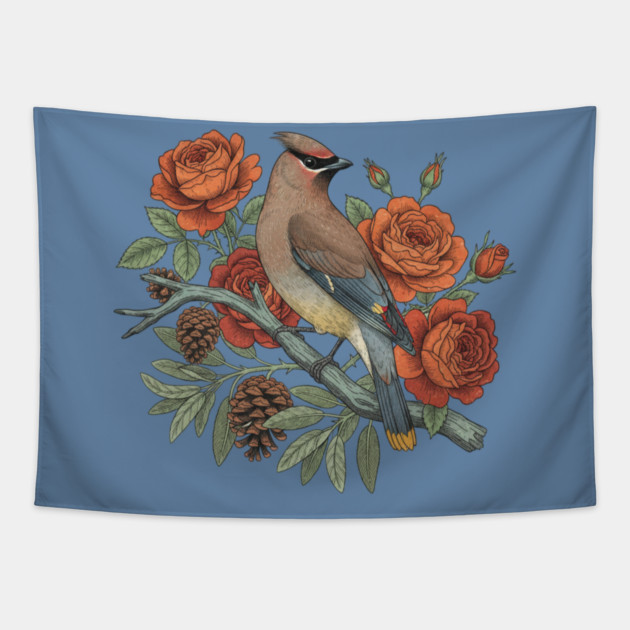 Cedar Waxwing On Rose Branch Bird Lovers Design Tapestry by BirdsnStuff