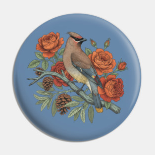 Cedar Waxwing On Rose Branch Bird Lovers Design Pin