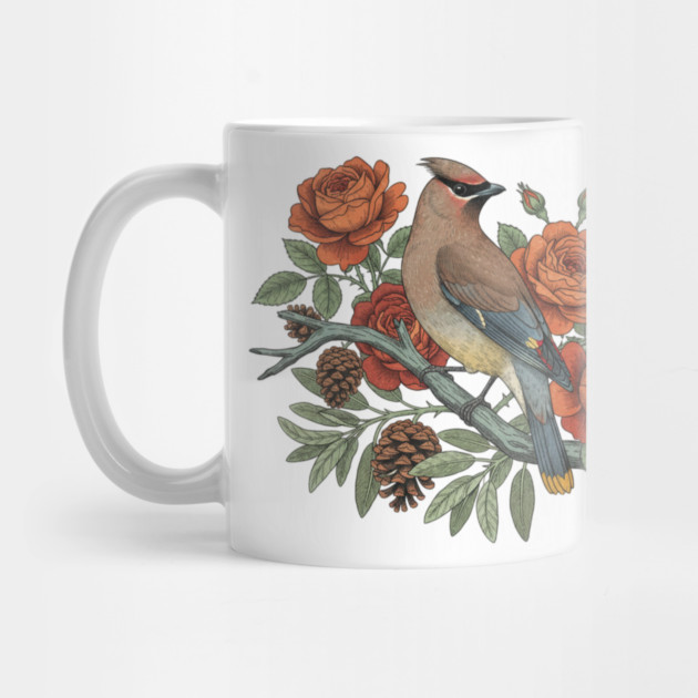 Cedar Waxwing On Rose Branch Bird Lovers Design by BirdsnStuff