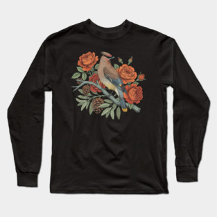 Cedar Waxwing On Rose Branch Bird Lovers Design Long Sleeve T-Shirt