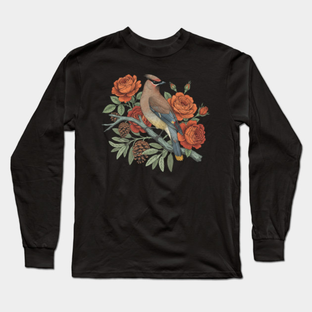 Cedar Waxwing On Rose Branch Bird Lovers Design Long Sleeve T-Shirt by BirdsnStuff
