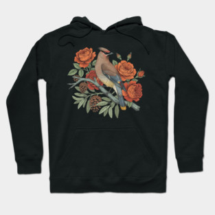 Cedar Waxwing On Rose Branch Bird Lovers Design Hoodie