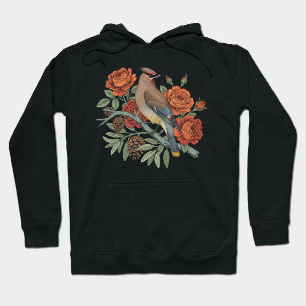 Cedar Waxwing On Rose Branch Bird Lovers Design Hoodie by BirdsnStuff