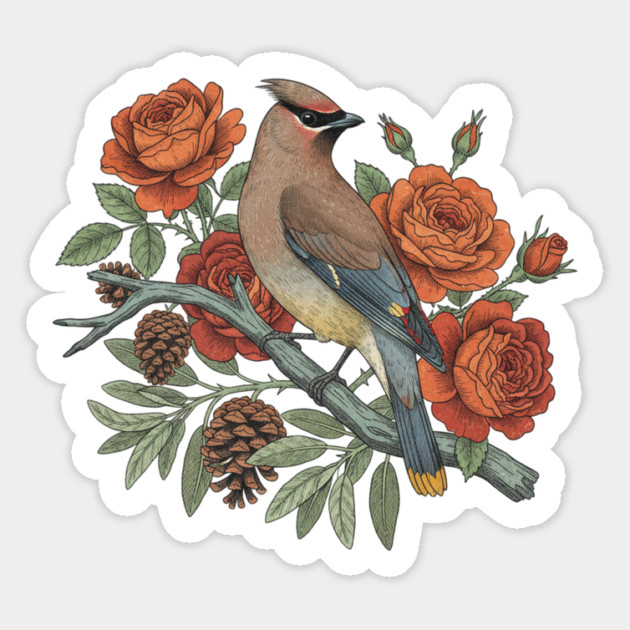 Cedar Waxwing On Rose Branch Bird Lovers Design Magnet by BirdsnStuff