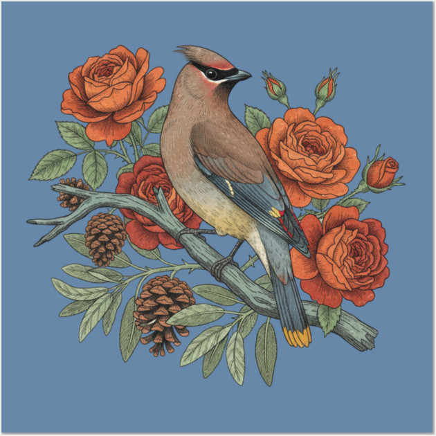 Cedar Waxwing On Rose Branch Bird Lovers Design Wall Art by BirdsnStuff