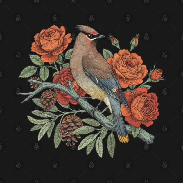 Cedar Waxwing On Rose Branch Bird Lovers Design by BirdsnStuff