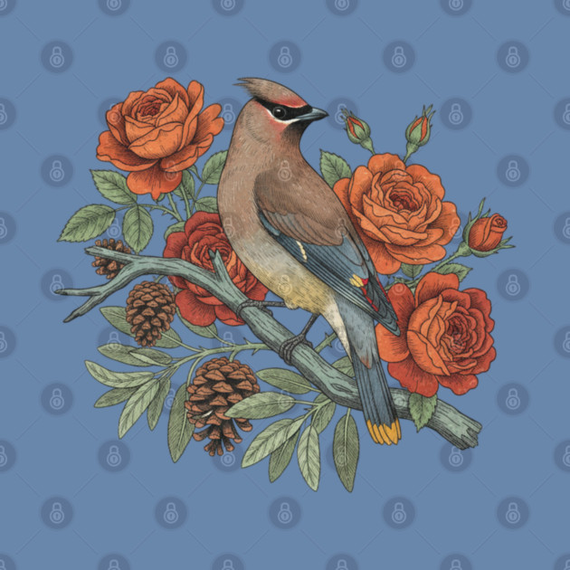 Cedar Waxwing On Rose Branch Bird Lovers Design by BirdsnStuff