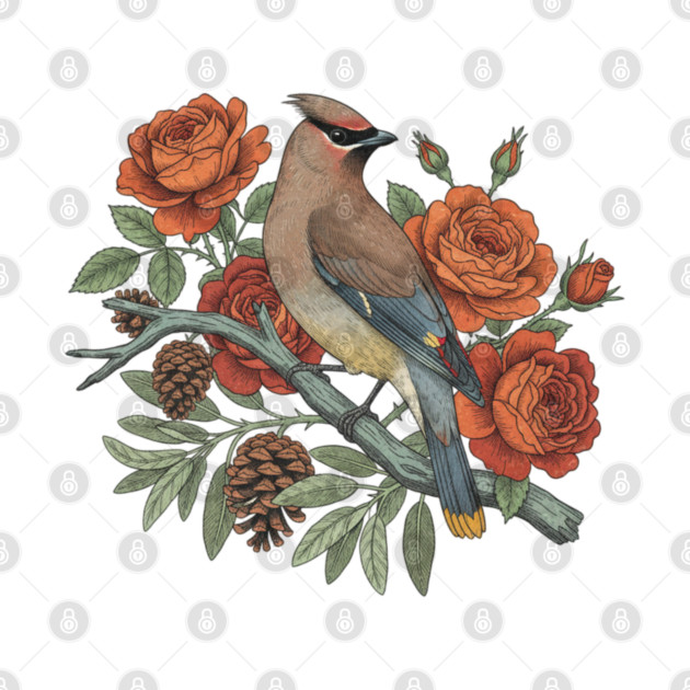 Cedar Waxwing On Rose Branch Bird Lovers Design by BirdsnStuff