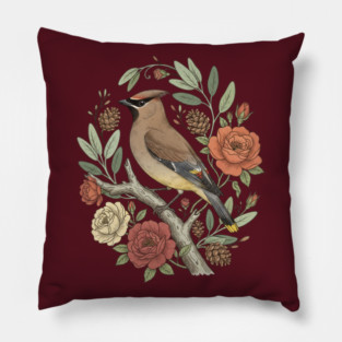 Beautiful Cedar Waxwing With Roses Pillow