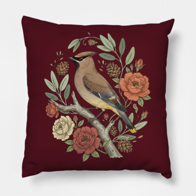 Beautiful Cedar Waxwing With Roses Pillow by BirdsnStuff