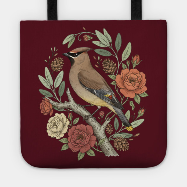 Beautiful Cedar Waxwing With Roses Tote by BirdsnStuff