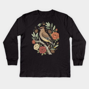 Beautiful Cedar Waxwing With Roses Kids Long Sleeve T-Shirt