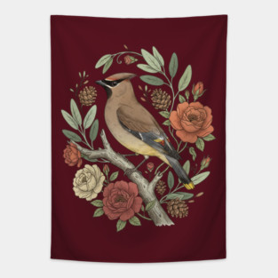 Beautiful Cedar Waxwing With Roses Tapestry