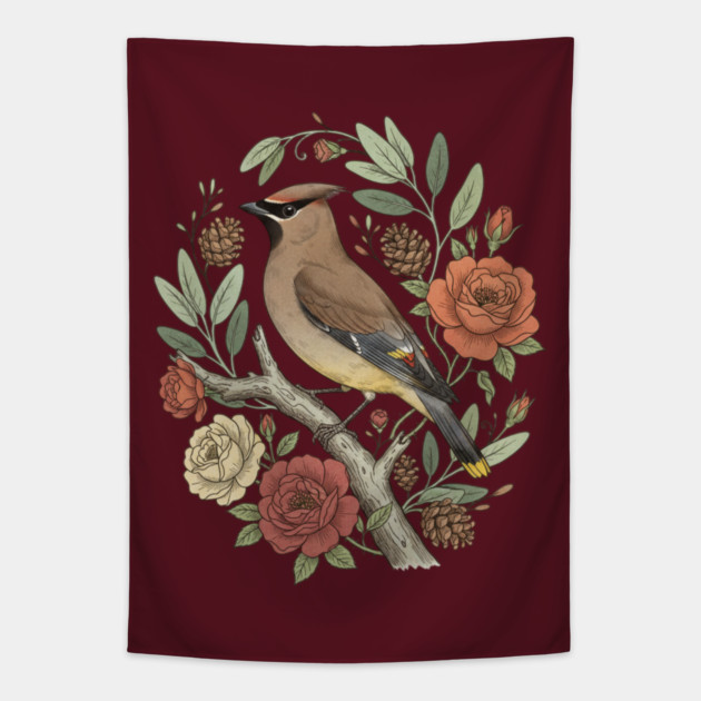 Beautiful Cedar Waxwing With Roses Tapestry by BirdsnStuff